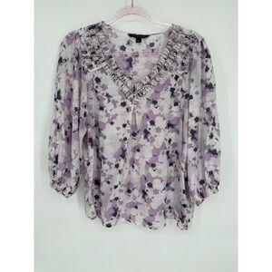 Zac & Rachel Floral‎ Purple Print Ruffle V Neck 3/4 Sleeve Blouse Top Sz S
